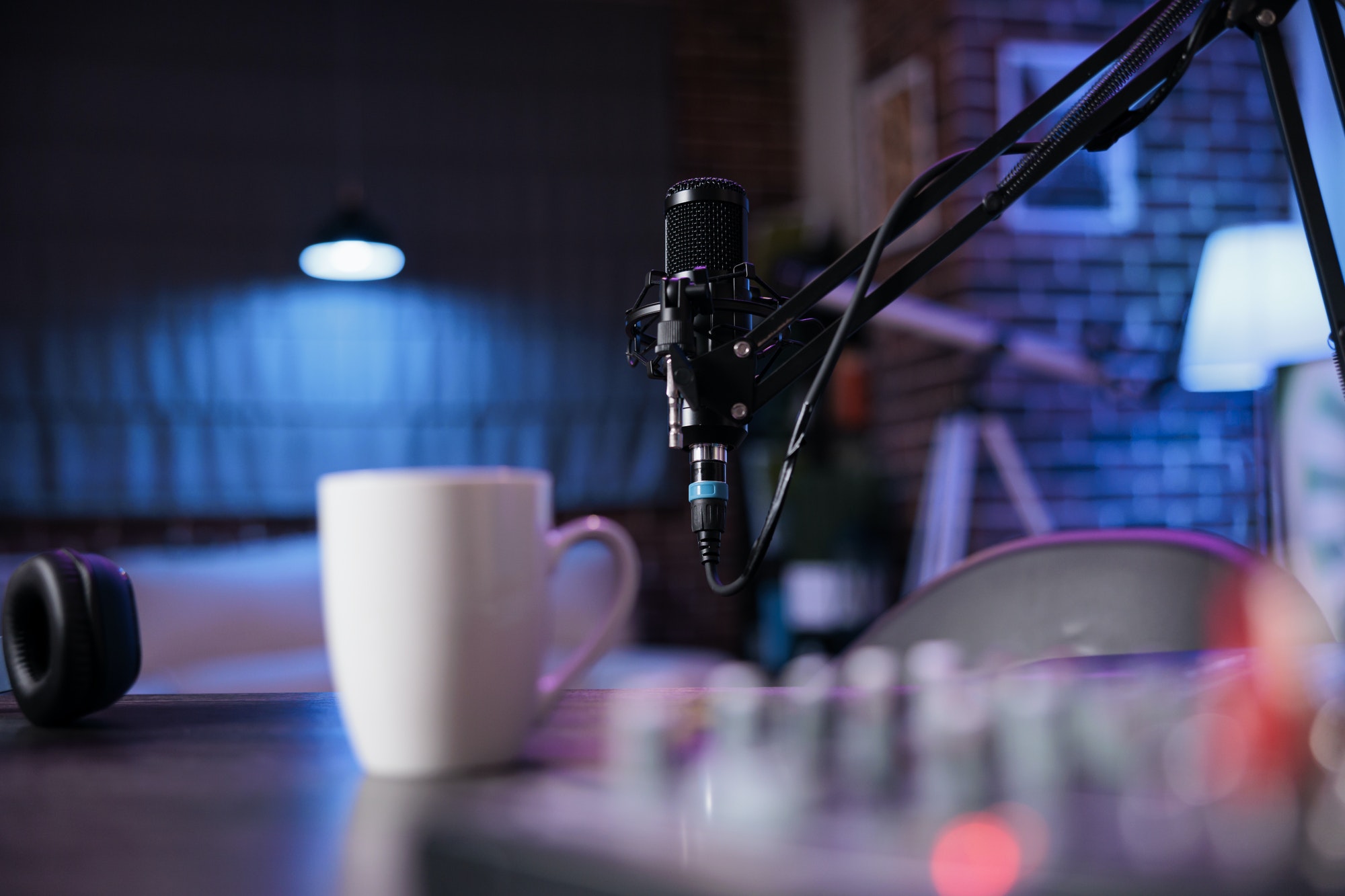 Empty space with podcast equipment to record talking show